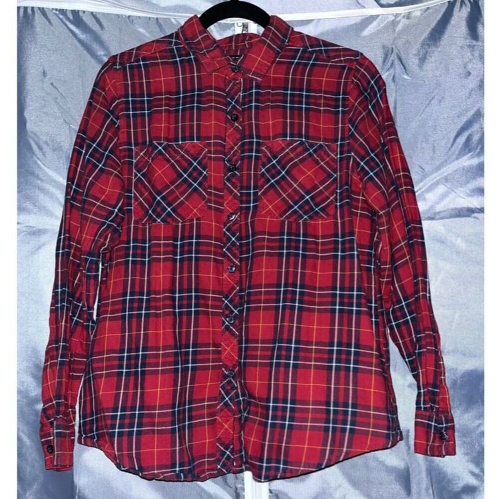 Confess Red Navy Plaid Button Down Shirt Long Sleeve 100% Cotton Women's M